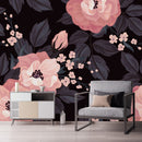 Contemporary Dark Wallpaper with Pink Flowers