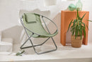 lare aurora green foldable metal frame canvas chair gray metal frame product shot green vases plant inside wicker planter green peshtemal on floor