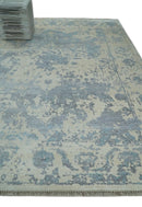 Large 8x10 Fine Hand Knotted charcoal, beige, and teal Abstract Traditional Persian Style Antique Bamboo Silk Rug | TRDCP501810