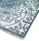 Large 8x10 Fine Hand Knotted Blue and Ivory Traditional Ikat Design Antique Floral Bamboo Silk Rug | TRDCP513810