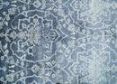 Large 8x10 Fine Hand Knotted Blue and Ivory Traditional Ikat Design Antique Floral Bamboo Silk Rug | TRDCP513810