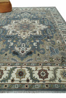 Large 9x12 Living Room Wool Rug, Hand Knotted Ivory, Charcoal and Olive Traditional Design