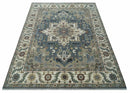 Large 9x12 Living Room Wool Rug, Hand Knotted Ivory, Charcoal and Olive Traditional Design