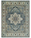 Large 9x12 Living Room Wool Rug, Hand Knotted Ivory, Charcoal and Olive Traditional Design