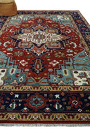 Large 9x12 Rust and Blue Hand Knotted Traditional Wool Rug