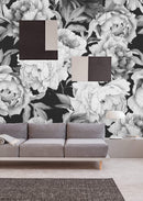 Large Peony on Black Background Wallpaper Mural