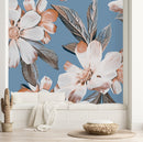 Modish Blue Wallpaper with White Flowers
