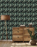 Green Leaves on Black Wallpaper