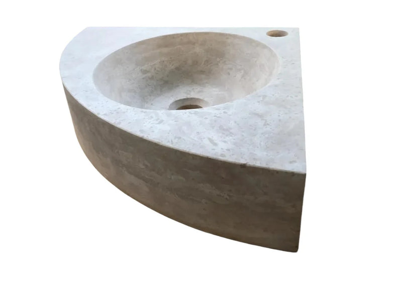 Troia Light Travertine Wall-mount Bathroom Corner Vanity Sink (W)16" (L)16" (H)4" side view
