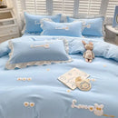 DecorBites™ Cartoon Embroidery 100% Cotton Bedding Set King Queen Bedclothes