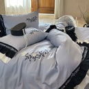 Light blue flowers embroidery ruffles bedding set bedroom decor