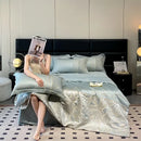 Light blue satin ice silk summer quilt bedroom gold leaf embroidery