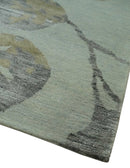 Light Green, Charcoal and Olive Leaf Design 6x9 Hand loom Wool and Viscose Area Rug