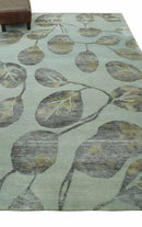Light Green, Charcoal and Olive Leaf Design 6x9 Hand loom Wool and Viscose Area Rug