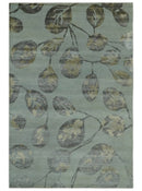 Light Green, Charcoal and Olive Leaf Design 6x9 Hand loom Wool and Viscose Area Rug