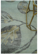 Light Green, Charcoal and Olive Leaf Design 6x9 Hand loom Wool and Viscose Area Rug