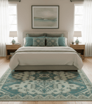 Light green, Teal and Charcoal Traditional Hand Knotted Custom Made wool Area Rug