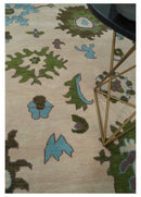 Light Peach, Green and Aqua Hand knotted Traditional Oushak 9x12 wool Area Rug
