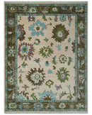 Light Peach, Green and Aqua Hand knotted Traditional Oushak 9x12 wool Area Rug