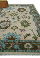 Light Peach, Green and Aqua Hand knotted Traditional Oushak 9x12 wool Area Rug
