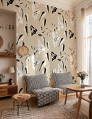 Block Print Foliage Wallpaper, tan and black