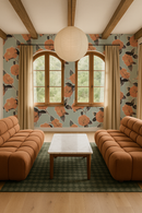 Camellia Wallpaper, light blue and orange