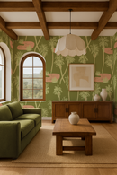 Palm Oasis Wallpaper, olive green and coral