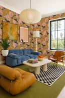 Camellia Wallpaper, mustard and coral