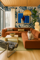 Lunar Leaf Wallpaper, beige and navy