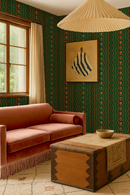Posy Lane Stripe Wallpaper, dark green and poppy red