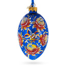 Golden Blue Floral Glass Egg Ornament 4 Inches