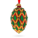 Jeweled Green IKAT on Red Glass Egg Christmas Ornament 4 Inches
