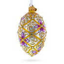 Purple Flowers on Golden Scroll Glass Egg Christmas Ornament 4 Inches
