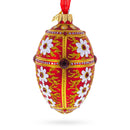 White Flowers on Red and Gold Glass Egg Ornament 4 Inches