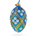 White Pearl Flowers on Blue Glass Egg Ornament 4 Inches