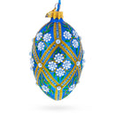 White Pearl Flowers on Blue Glass Egg Ornament 4 Inches