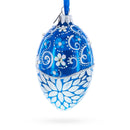 White Pearled Flowers on Glossy Blue Glass Egg Ornament 4 Inches