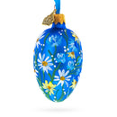 Cobalt Blue with White Daisy Floral Mini Glass Egg Ornament 2.9 Inches