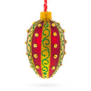Red and Gold with Green Swirls and Jewel Accents Mini Glass Egg Ornament 2.9 Inches