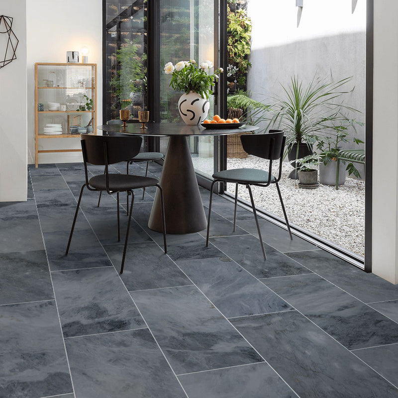 luna sky marble tile 12x24 installed sunroom floor view