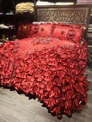 Luxurious red & champagne jacquard rose lace bedding set bedroom