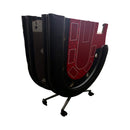 Black and red gaming chair with unique design on a white background