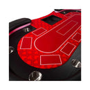 Close-up of a red and black poker table surface with card layout lines.