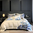 Luxury blue tides waves embroidery bedding set bedroom white satin