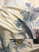 Luxury blue tides waves embroidery bedding set bedroom white satin