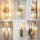 Luxury brass crystal wall lamp for bedroom with ribbed glass accents