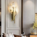 Luxury brass crystal wall lamp for bedroom with ribbed glass accents