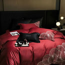 Luxury red & white lotus embroidered cotton bedding set bedroom