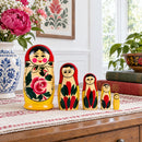 Wooden Semenov Red Scarf Nesting Dolls - Pink Rose Matryoshka 4.4 Inches