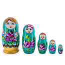 Green Hood with Purple and Orange Flowers Wooden  Nesting Dolls